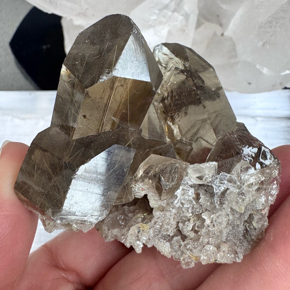 Smokey Quartz Cluster With Golden Rutile Brazil - Picture 8 of 9